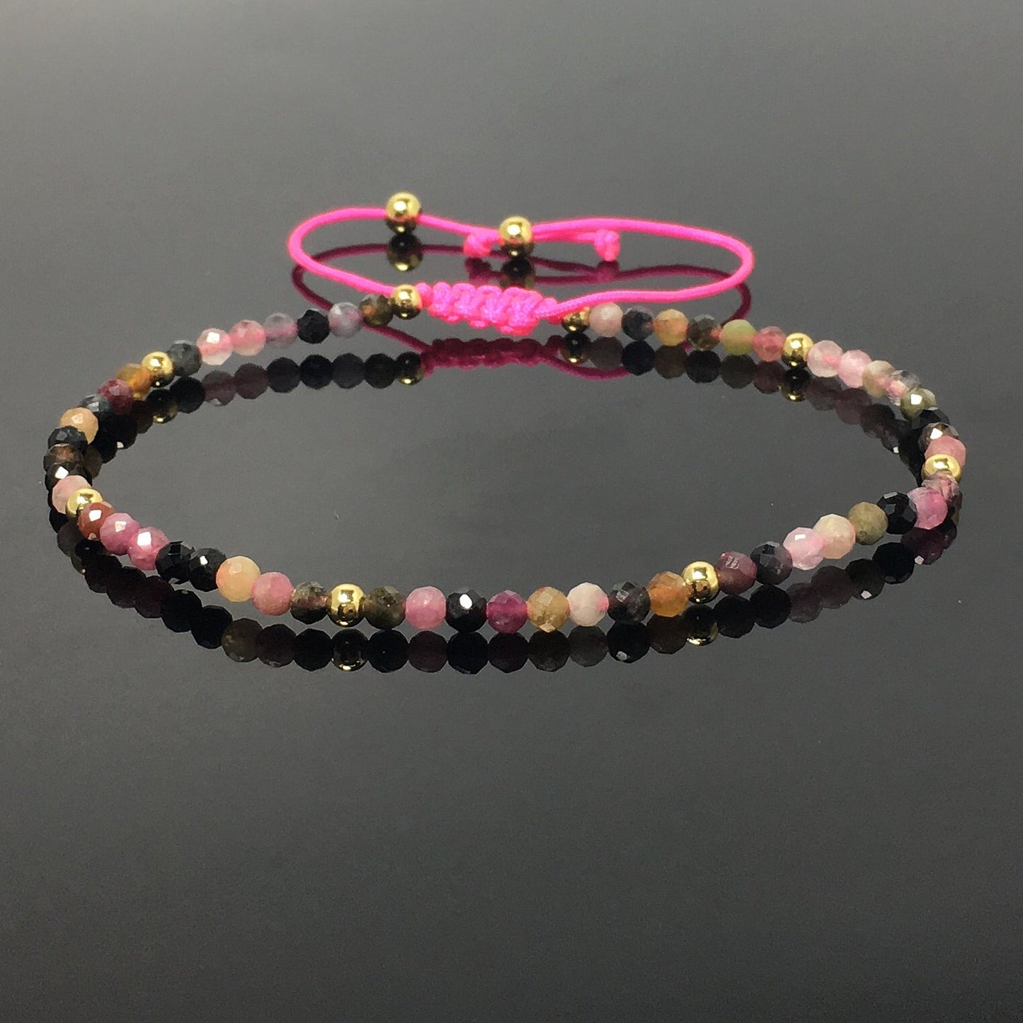 Natural Tourmaline Gemstone Braid Rope Macrame Adjustable Bracelet Tiny Beads Gemstone Bracelet with Gold Beads Spacer