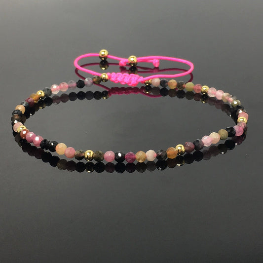 Natural Tourmaline Gemstone Braid Rope Macrame Adjustable Bracelet Tiny Beads Gemstone Bracelet with Gold Beads Spacer