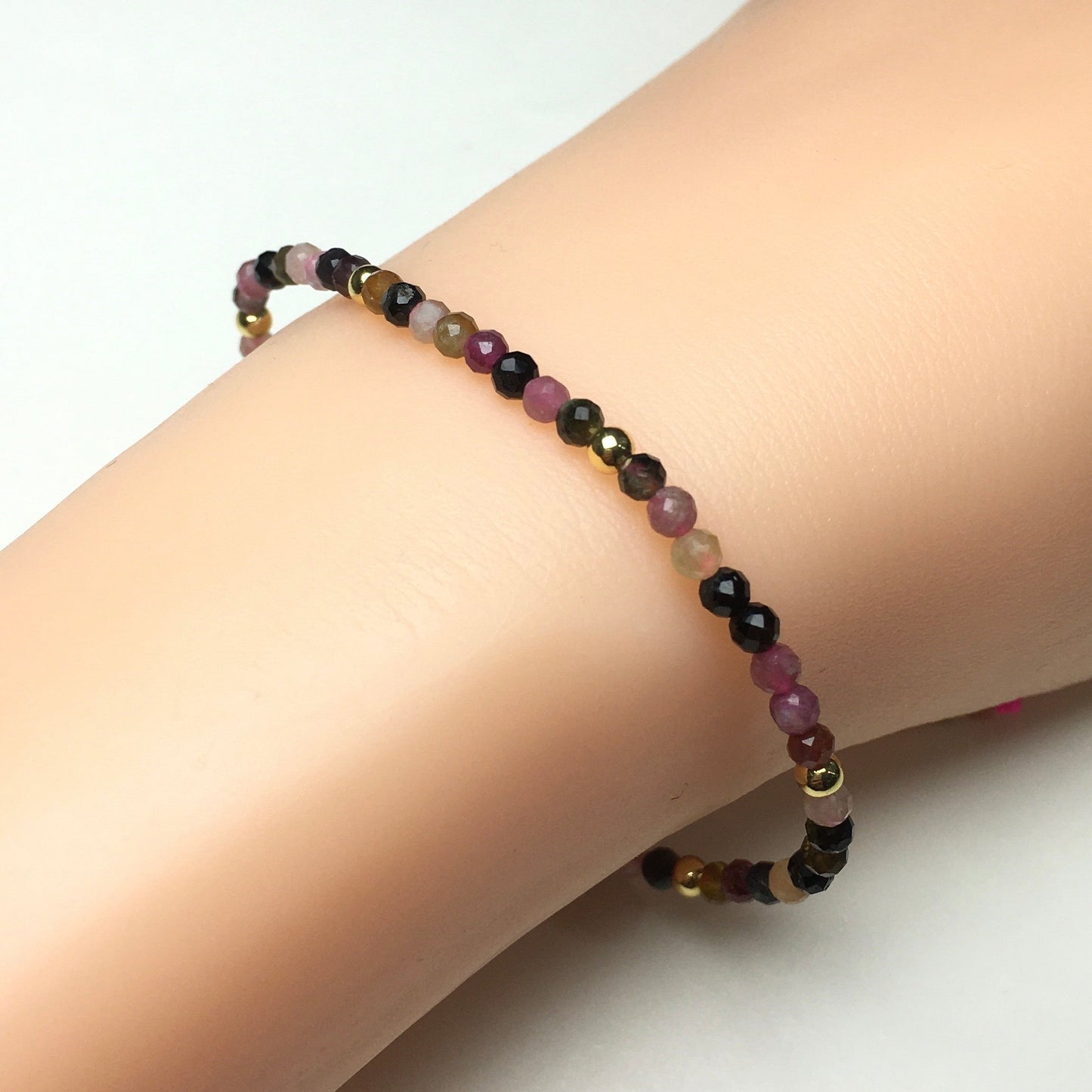 Natural Tourmaline Gemstone Braid Rope Macrame Adjustable Bracelet Tiny Beads Gemstone Bracelet with Gold Beads Spacer