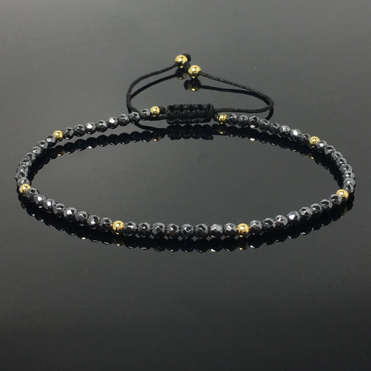 Natural Hematite Gemstone Braid Rope Macrame Adjustable Bracelet Tiny Beads Gemstone Bracelet with Gold Beads Spacer