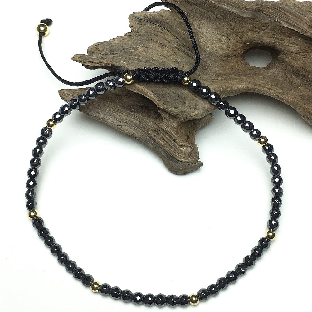 Natural Hematite Gemstone Braid Rope Macrame Adjustable Bracelet Tiny Beads Gemstone Bracelet with Gold Beads Spacer