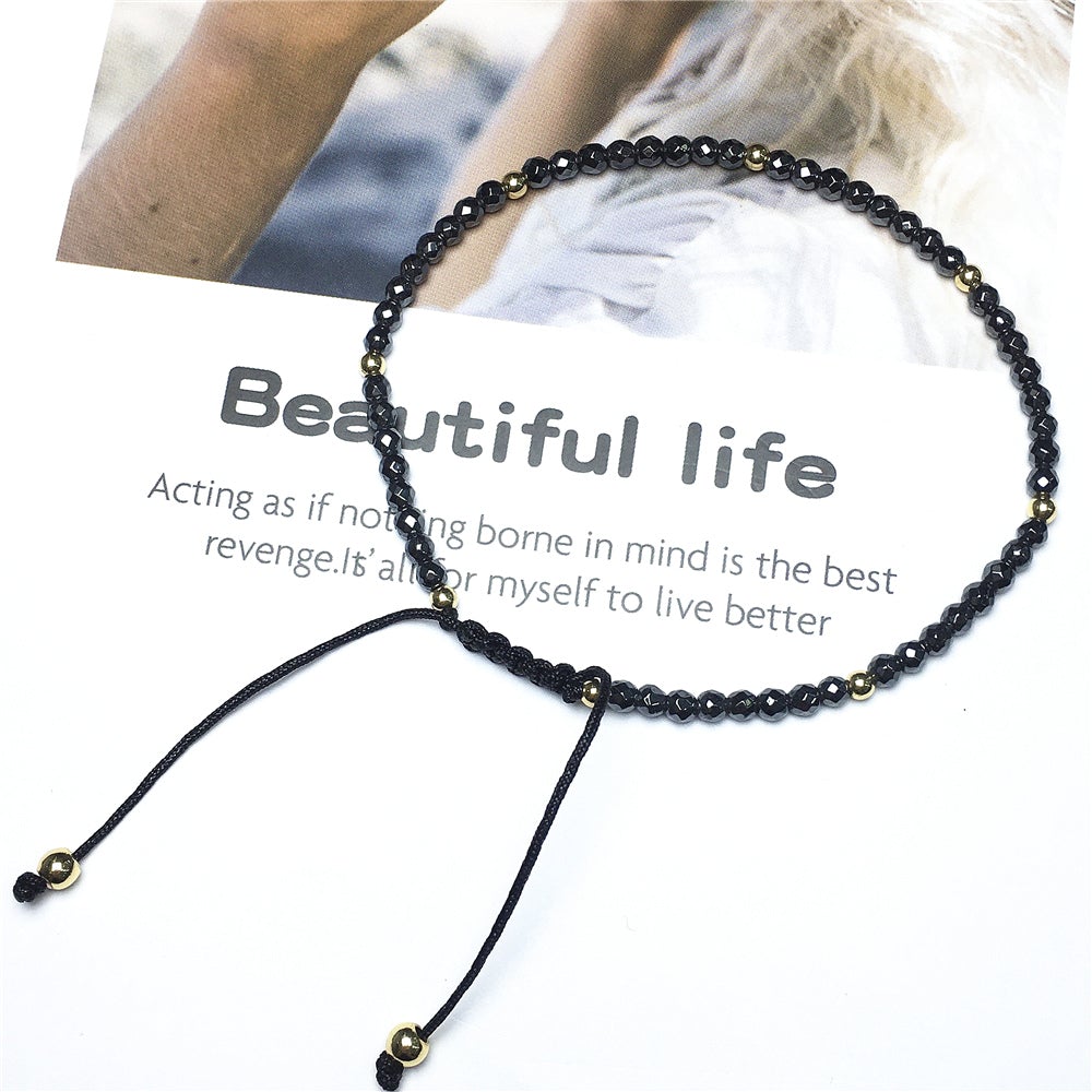 Natural Hematite Gemstone Braid Rope Macrame Adjustable Bracelet Tiny Beads Gemstone Bracelet with Gold Beads Spacer