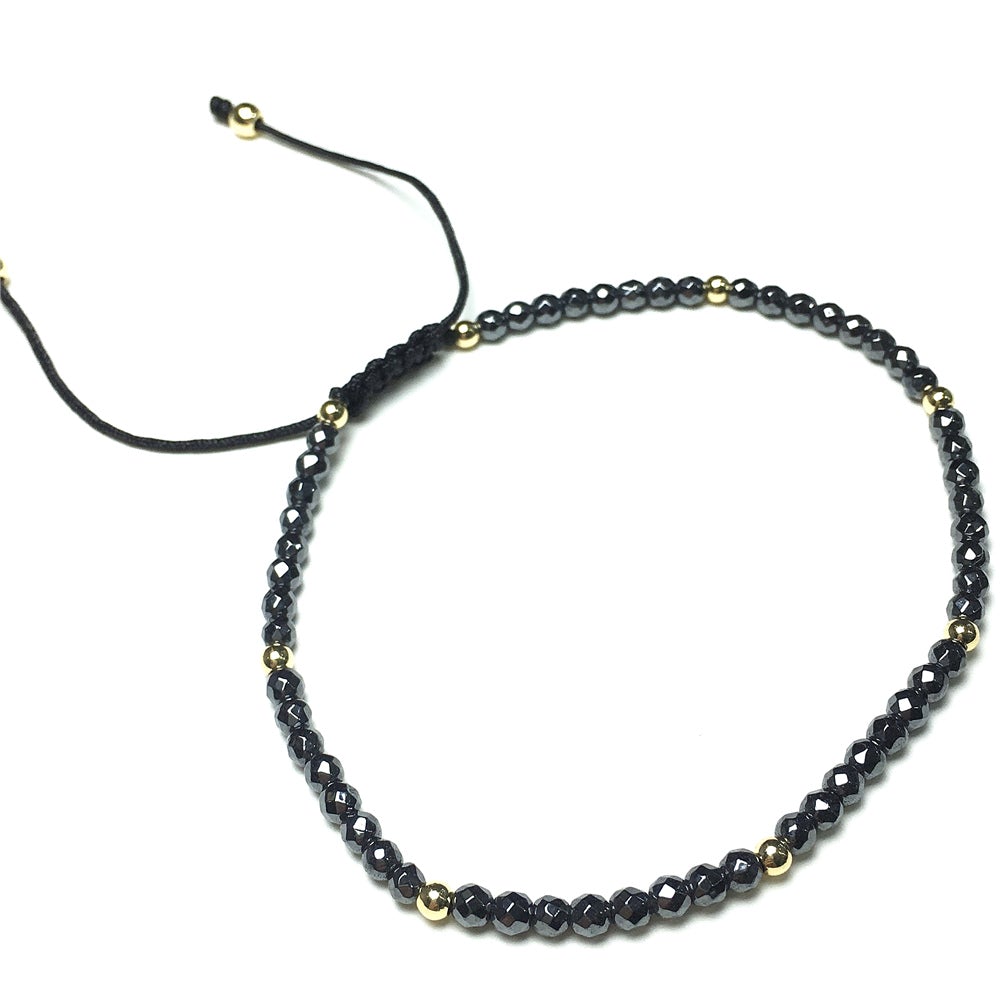 Natural Hematite Gemstone Braid Rope Macrame Adjustable Bracelet Tiny Beads Gemstone Bracelet with Gold Beads Spacer