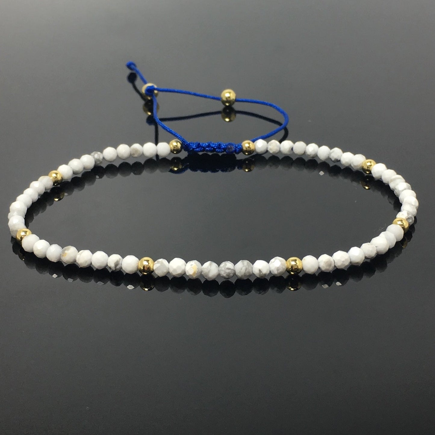 Natural Howlite Gemstone Braid Rope Macrame Adjustable Bracelet Tiny Beads Gemstone Bracelet with Gold Beads Spacer