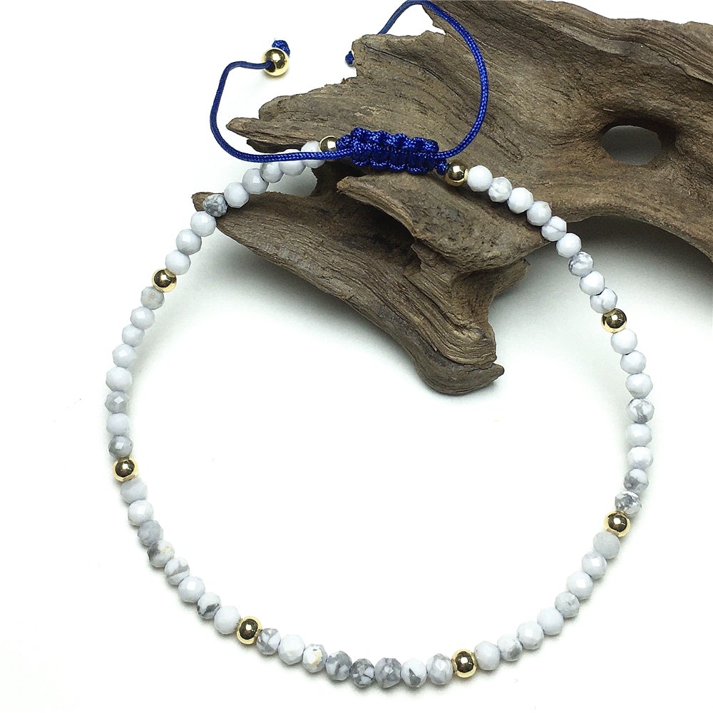 Natural Howlite Gemstone Braid Rope Macrame Adjustable Bracelet Tiny Beads Gemstone Bracelet with Gold Beads Spacer