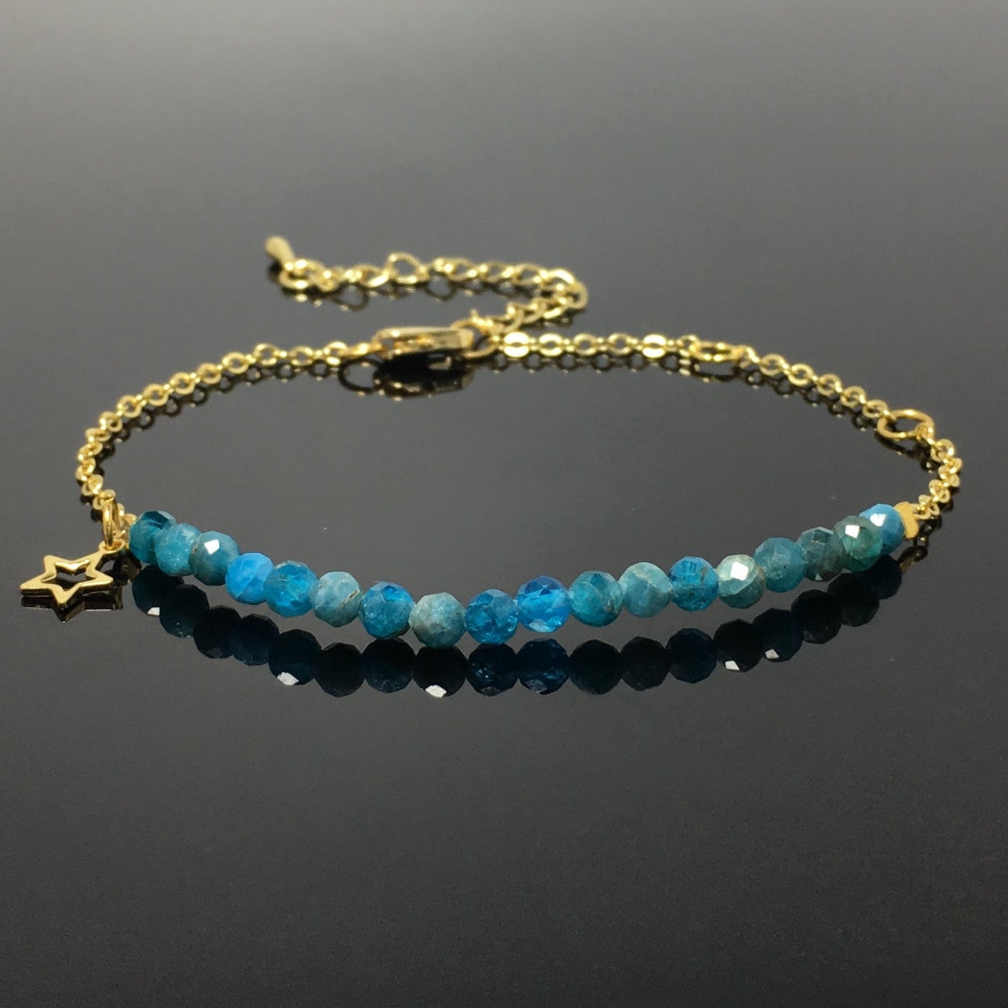 Blue Apatite Gemstone Adjustable Bracelet Tiny Beads Gemstone Gold Plated Chain Linked Bracelet for Women