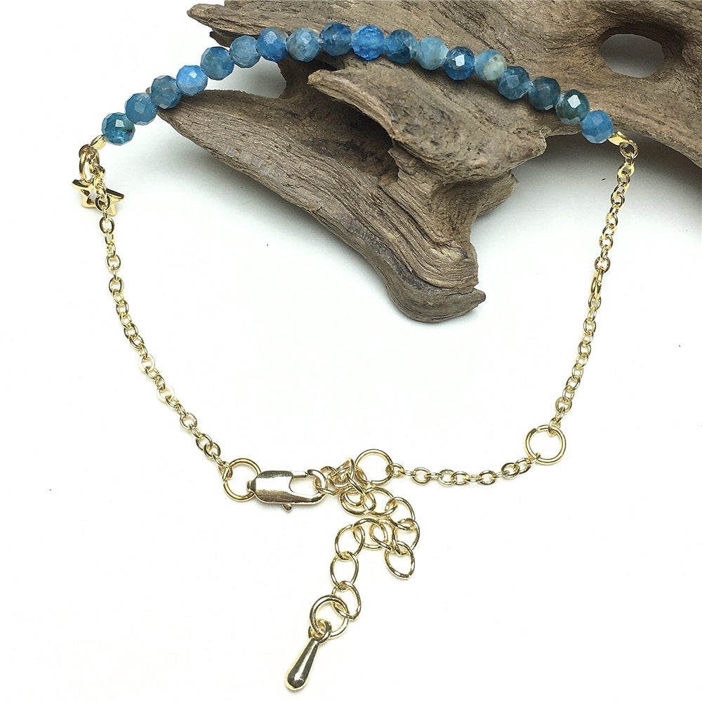 Blue Apatite Gemstone Adjustable Bracelet Tiny Beads Gemstone Gold Plated Chain Linked Bracelet for Women