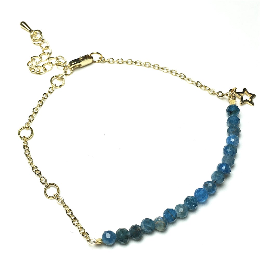 Blue Apatite Gemstone Adjustable Bracelet Tiny Beads Gemstone Gold Plated Chain Linked Bracelet for Women