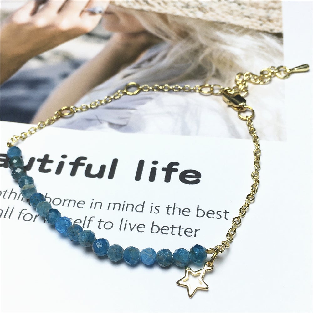 Blue Apatite Gemstone Adjustable Bracelet Tiny Beads Gemstone Gold Plated Chain Linked Bracelet for Women