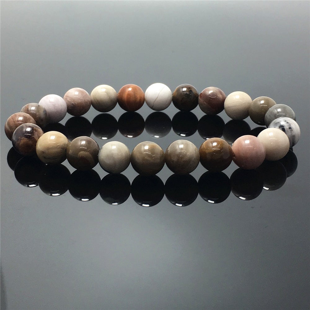 Natural Wood Fossil Stone Gemstone Round Beaded Stone Bracelet