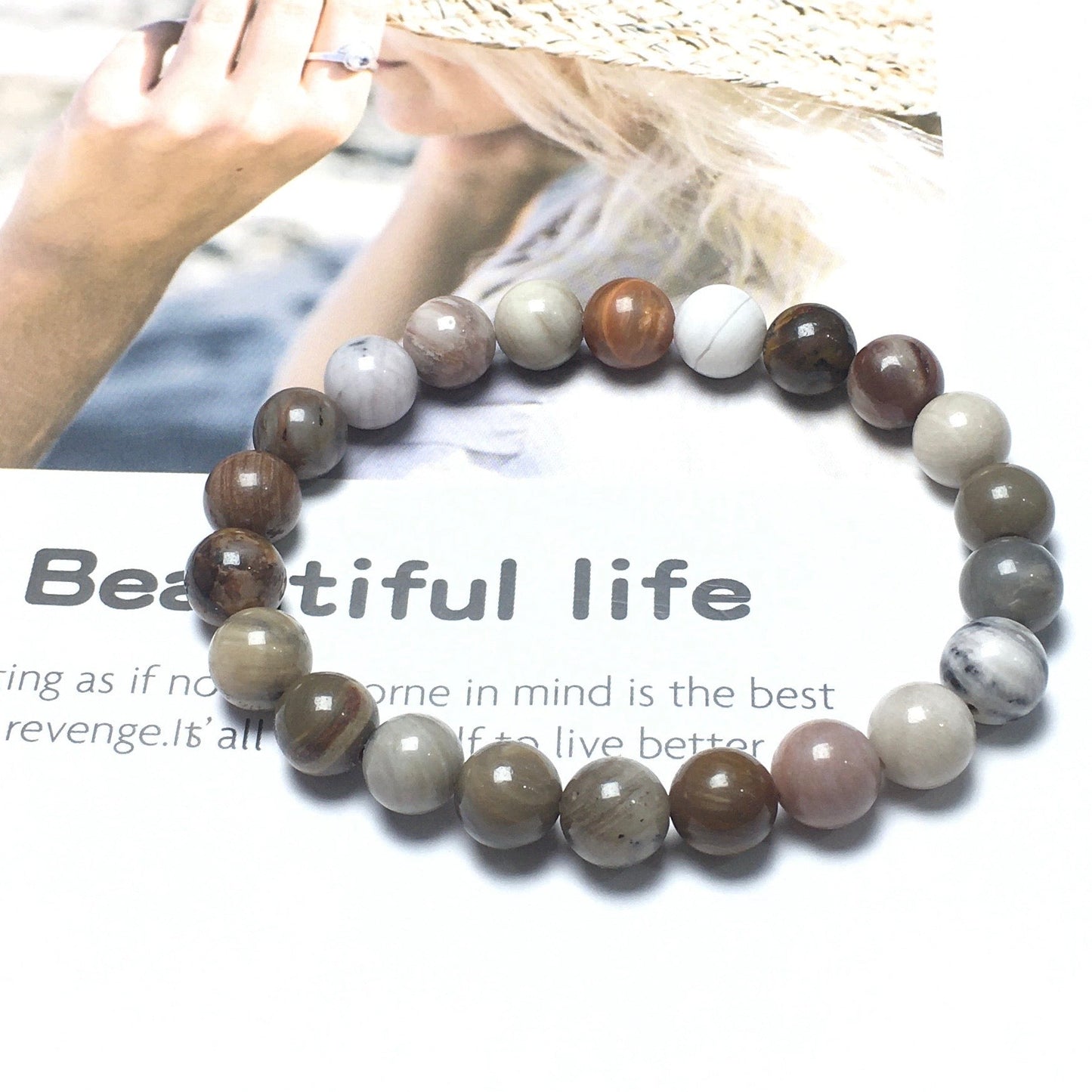 Natural Wood Fossil Stone Gemstone Round Beaded Stone Bracelet