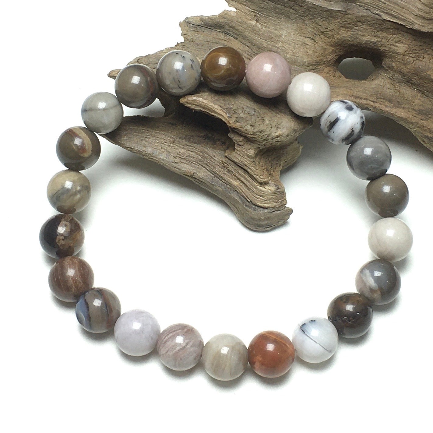 Natural Wood Fossil Stone Gemstone Round Beaded Stone Bracelet