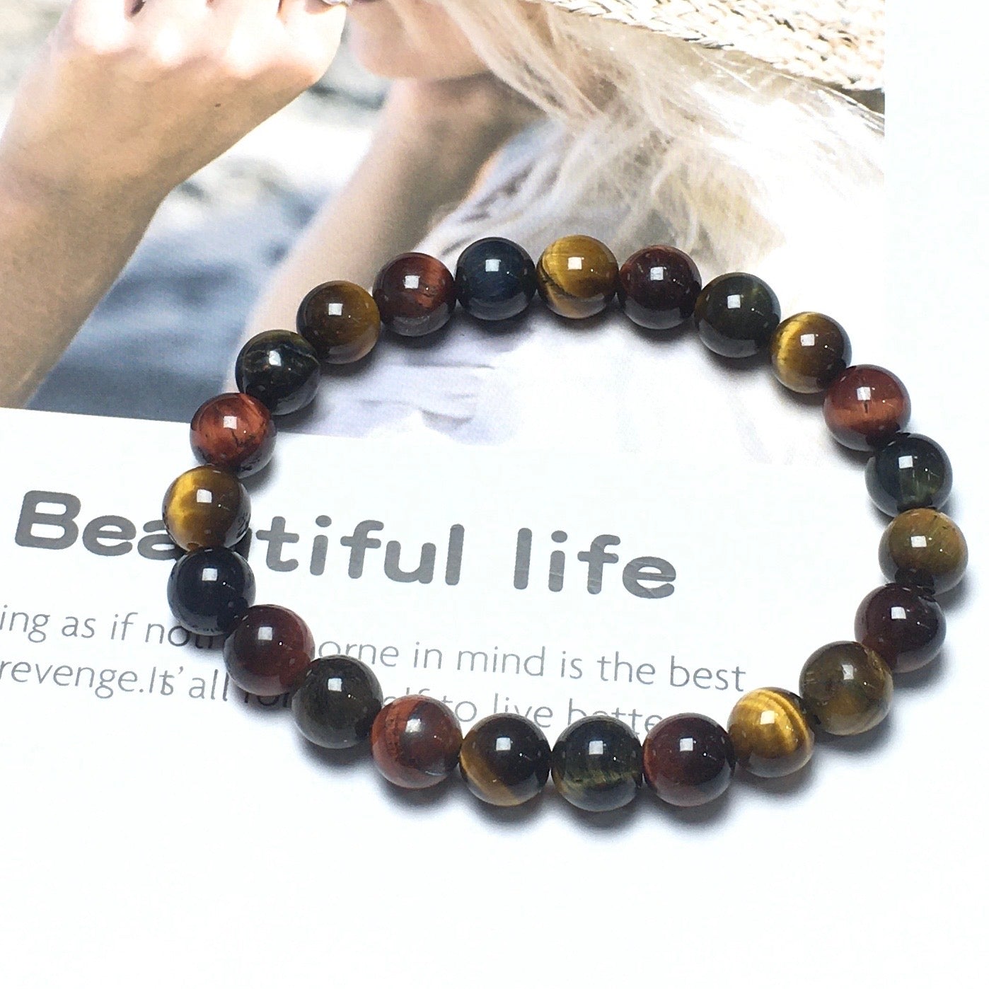 Natural Genuine Colorful Tigereye Gemstone Round Beaded Stone Bracelet