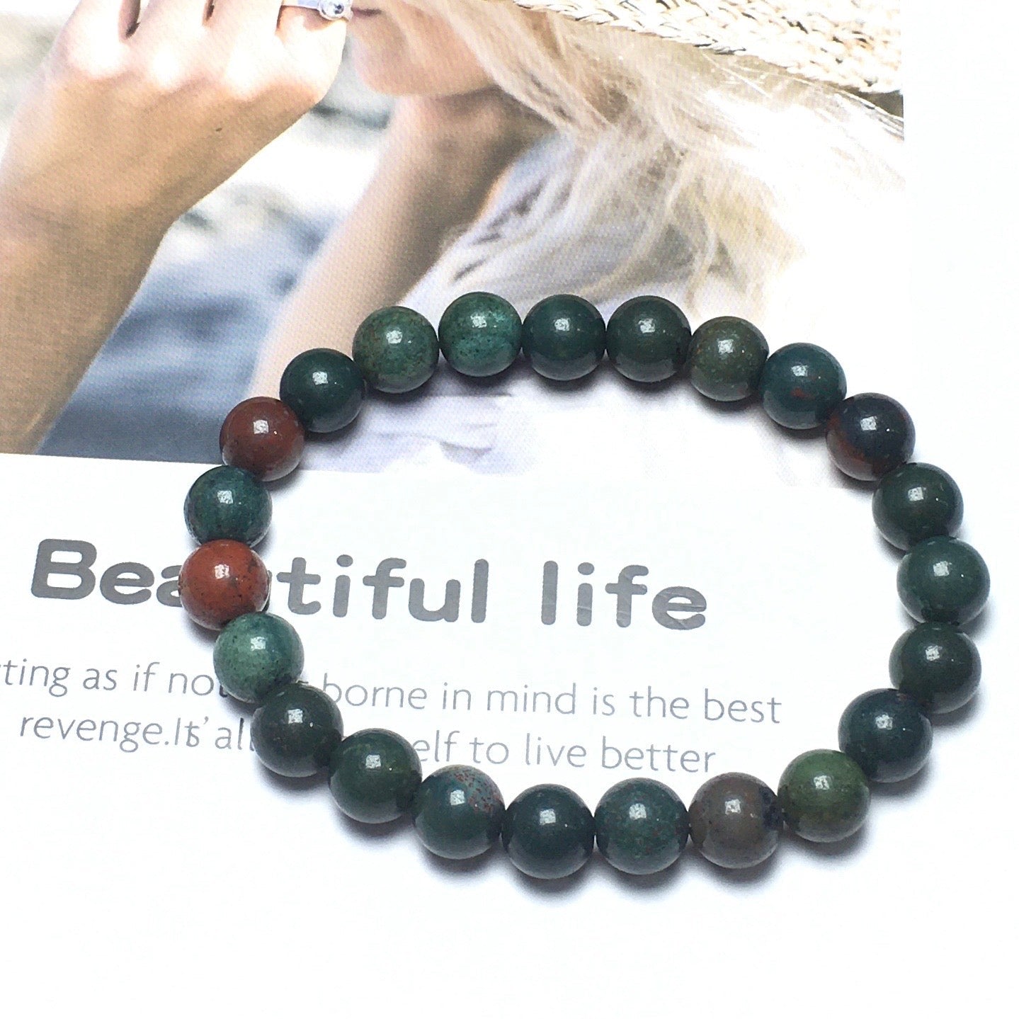 Natural Green Blood Stone Gemstone Beads Handmade Stretchy Bracelet