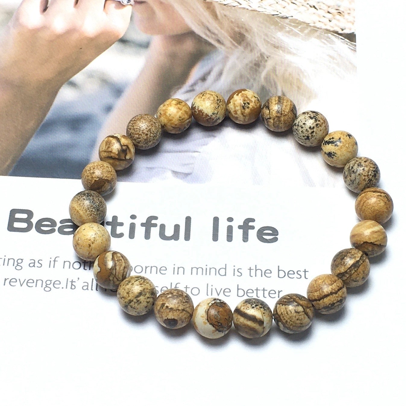 Natural Picture Jasper Gemstone Beads Handmade Stretchy Bracelet