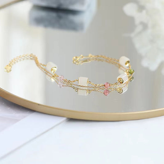 Natural White Jade & Tourmaline Silver Gold Plated Design Bracelet Adjustable -vsl204