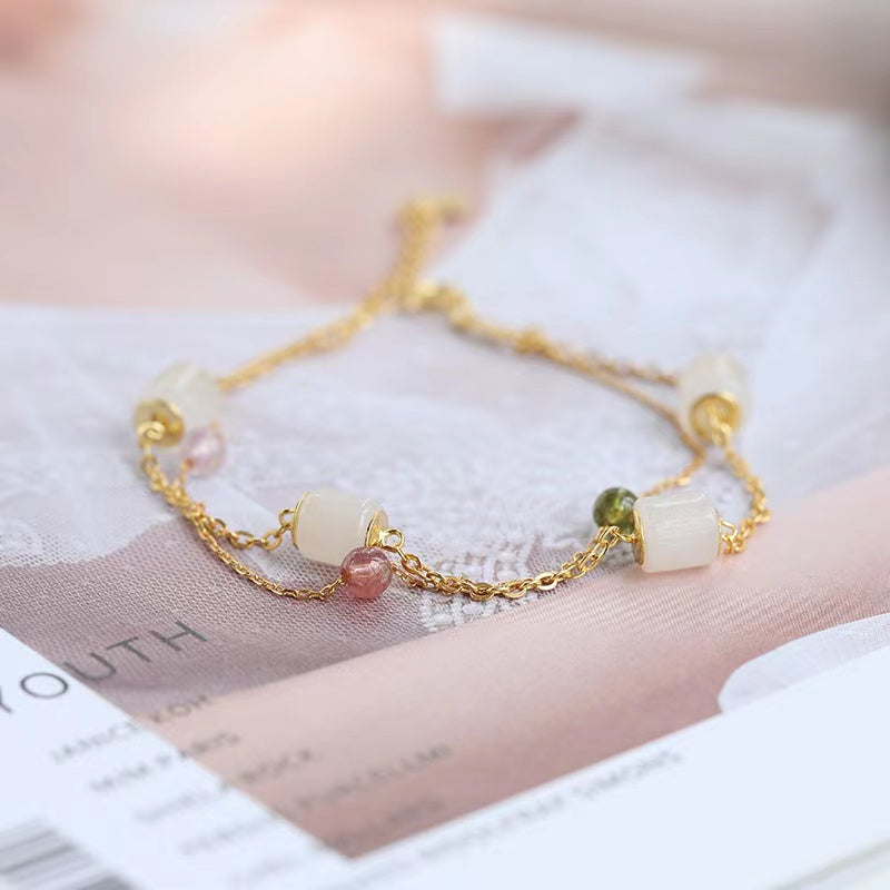 Natural White Jade & Tourmaline Silver Gold Plated Design Bracelet Adjustable -vsl204