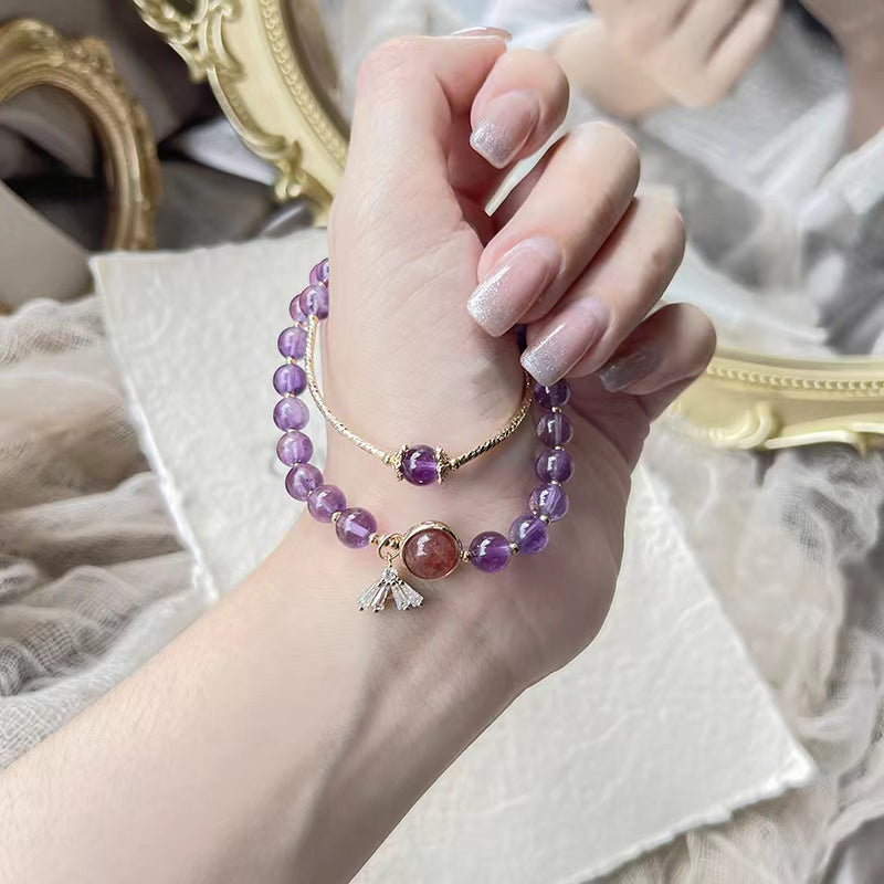 Natural Amethyst & Strawberry Quartz Double Wraps Design Bracelet vsl1365