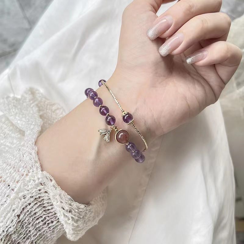 Natural Amethyst & Strawberry Quartz Double Wraps Design Bracelet vsl1365