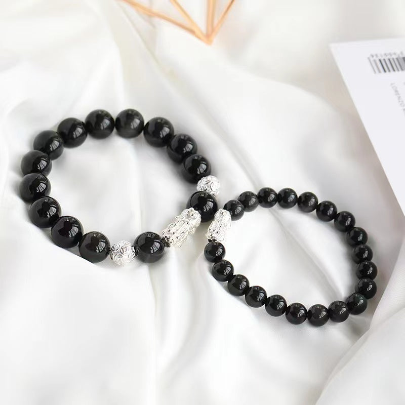 Natural Black Obsidian S925 Sliver Pixiu Couple Design Bracelet-vsl250