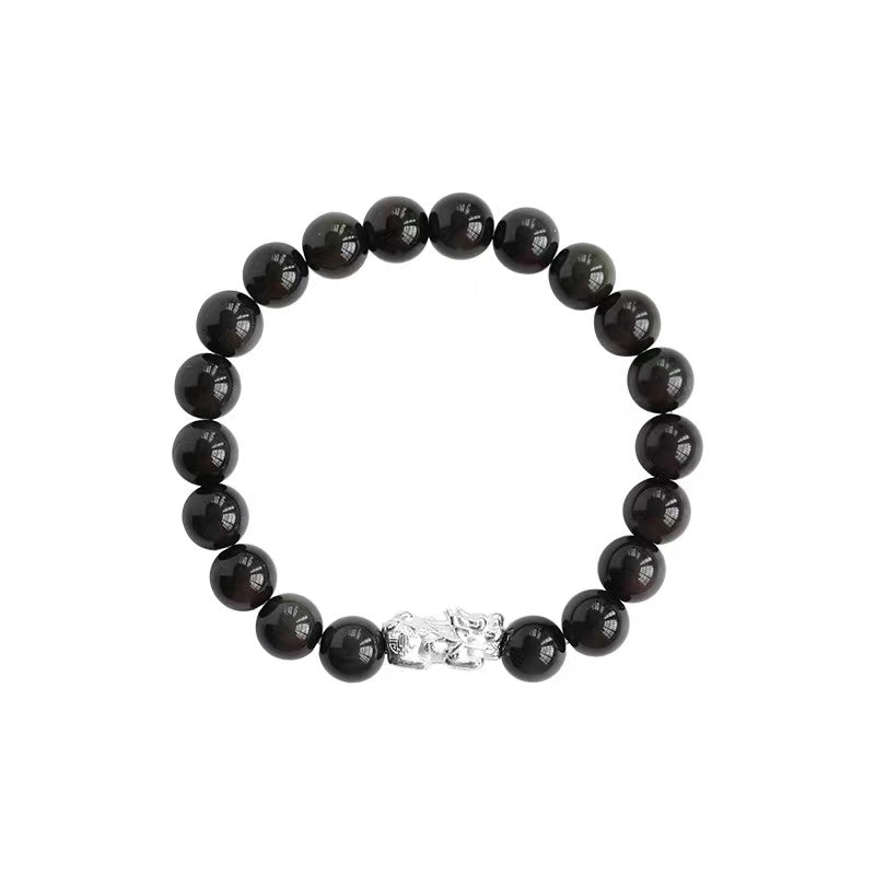 Natural Black Obsidian S925 Sliver Pixiu Couple Design Bracelet-vsl250