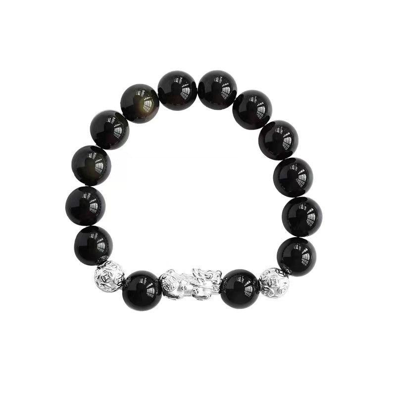 Natural Black Obsidian S925 Sliver Pixiu Couple Design Bracelet-vsl250