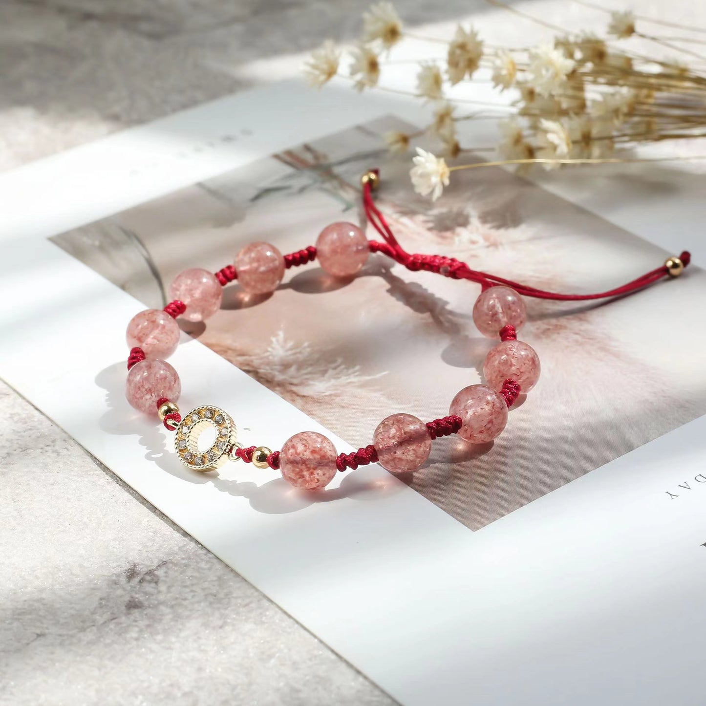 Natural Strawberry Quartz Design Bracelet Rope Bracelet Adjustable -vsl424-1