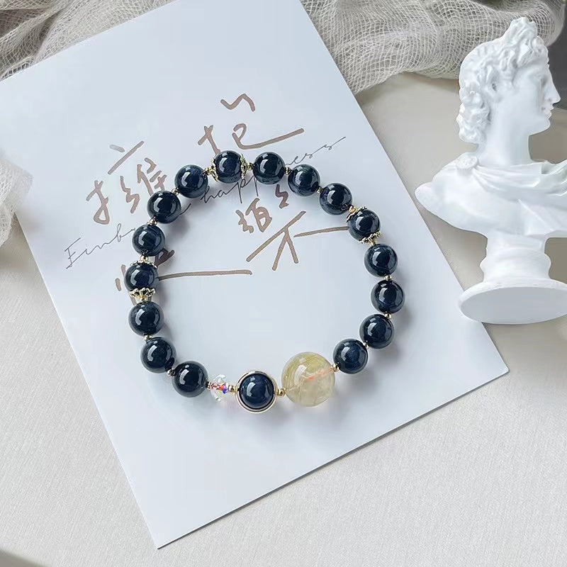 Natural Blue Tiger Eyes Gold Rutilated Quartz Design Bracelet -vsl1303