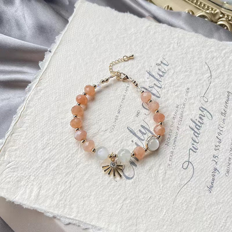 Natural Orange Moonstone & White Moonstone Design Bracelet Adjustable-vsl1188