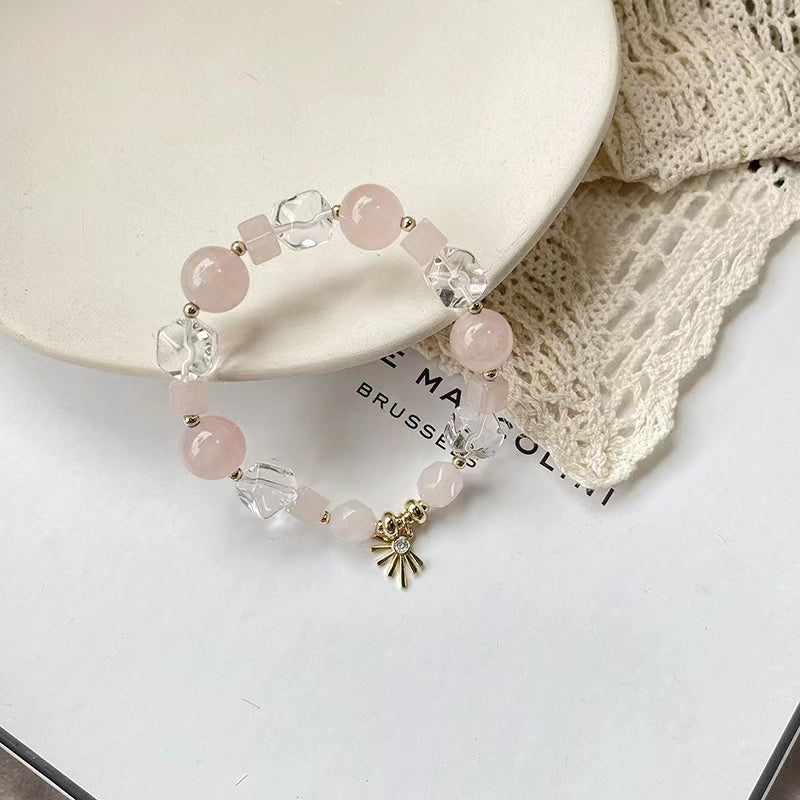 Natural Rose Quartz & Clear Quatrz Crystal Design Bracelet -vsl1167