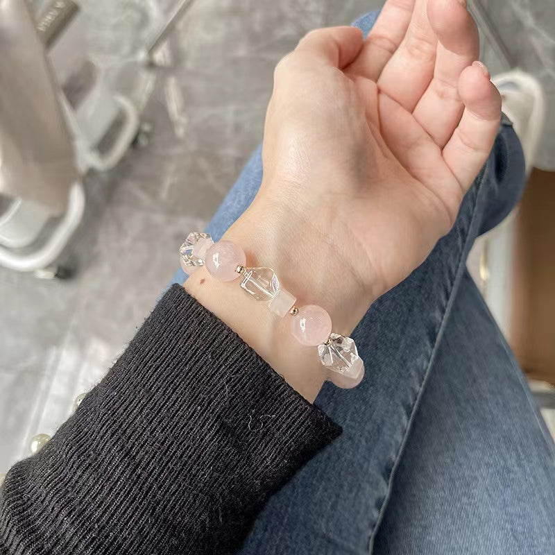 Natural Rose Quartz & Clear Quatrz Crystal Design Bracelet -vsl1167