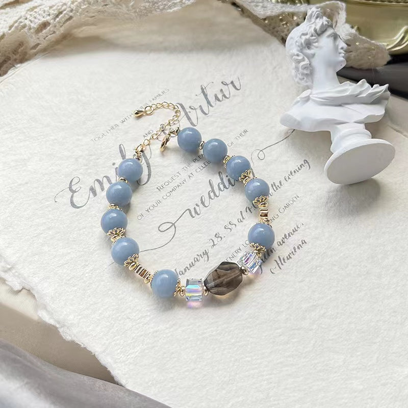 Natural Blue Angelite Smoky Quartz Faceted Design Bracelet -vsl1315