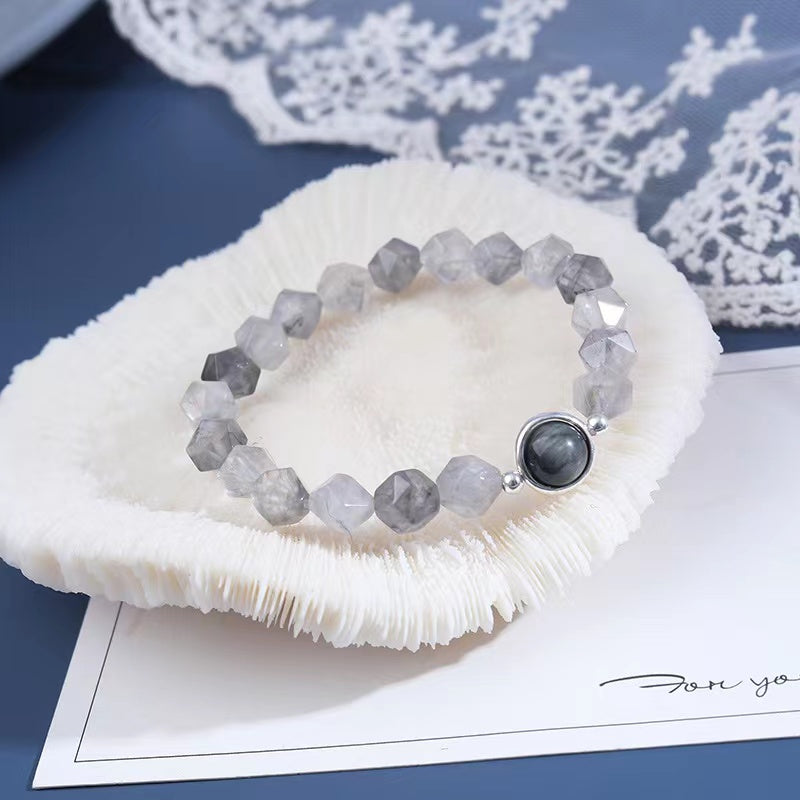 Natural Cloudy Quartz & Faceted Eagle Eyes Design Bracelet -vsl347