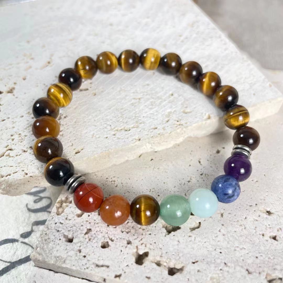 Natural 7 Chakras with Yellow Tiger Eyes Healing Bracelets 8mm