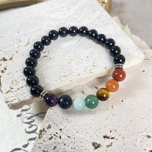 Natural 7 Chakras with Black Onyx Healing Bracelets 8mm