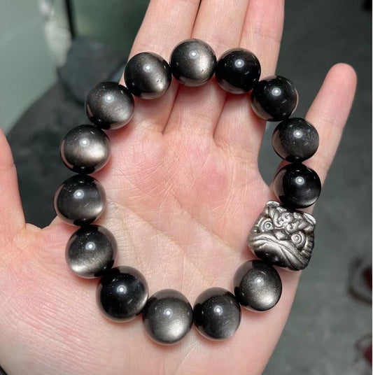 Natural Sliver Obsidian Lion 14mm Design Bracelet