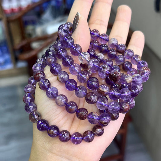 Natural Purple Amethyst Phantom Quartz Crystal Healing Stretch Beads Bracelet