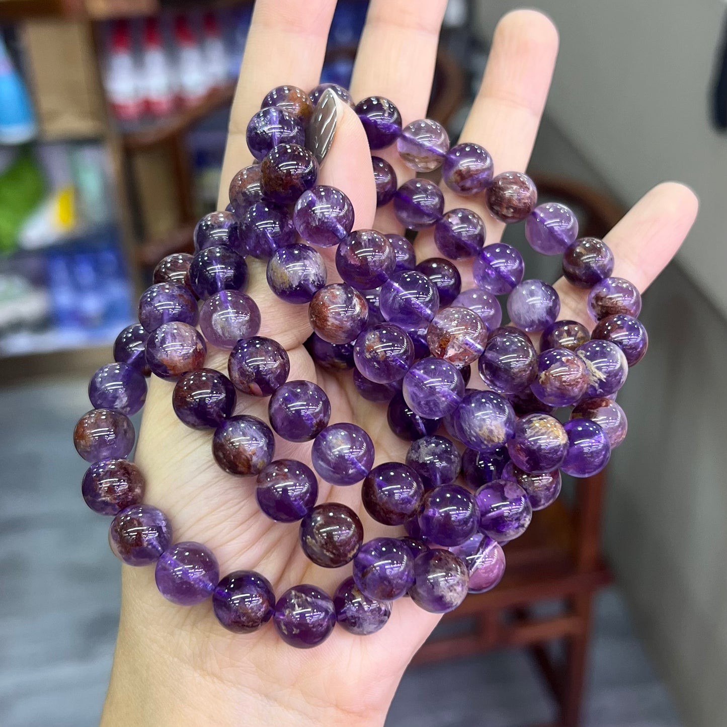 Natural Purple Amethyst Phantom Quartz Crystal Healing Stretch Beads Bracelet