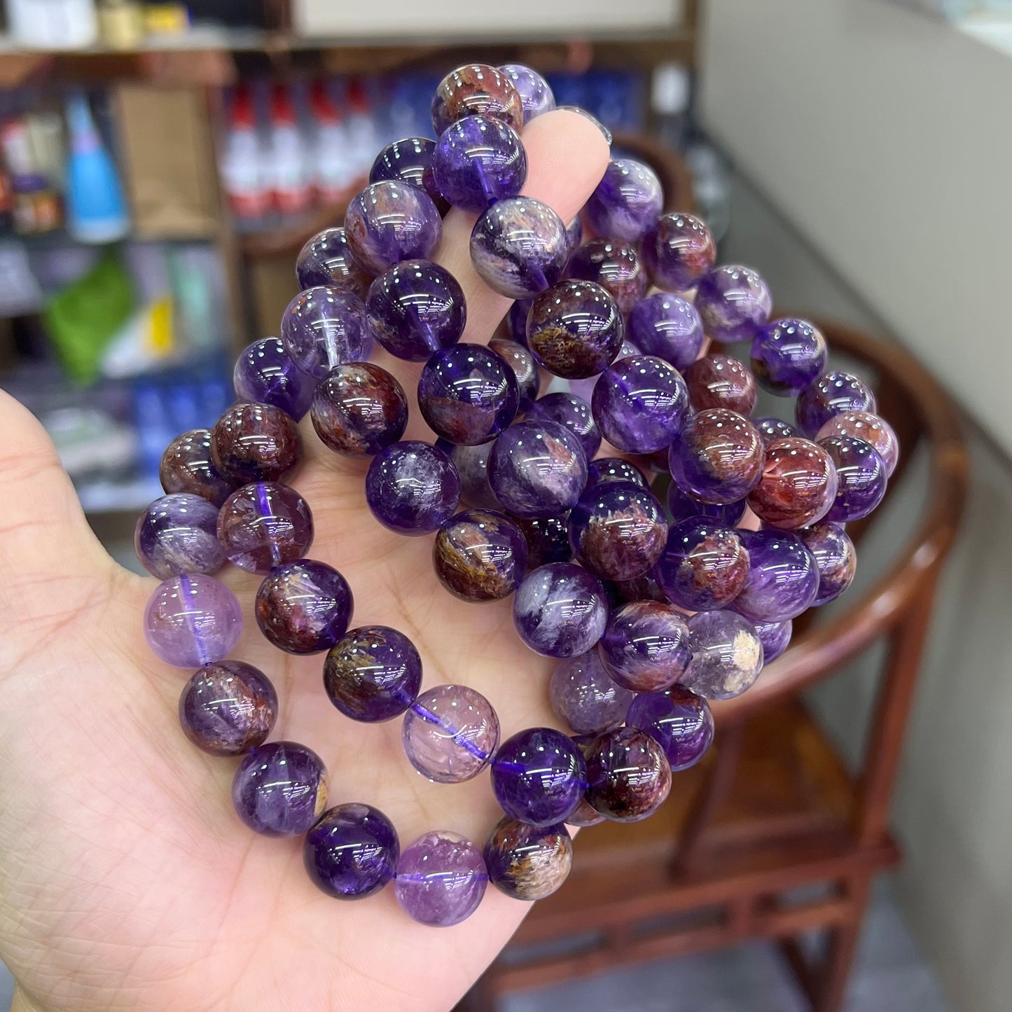 Natural Purple Amethyst Phantom Quartz Crystal Healing Stretch Beads Bracelet