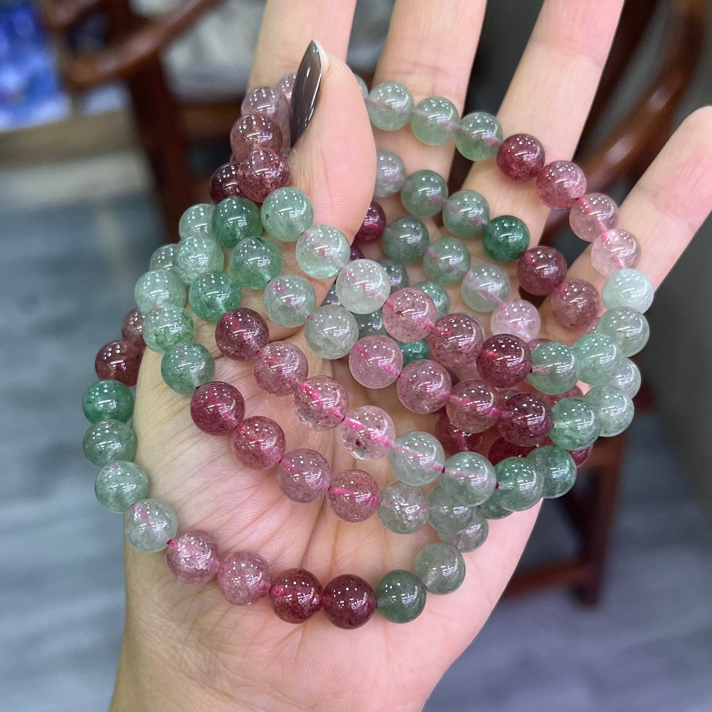 Natural Strawberry Quartz Red&Green Bracelet Crystal Healing Bracelet