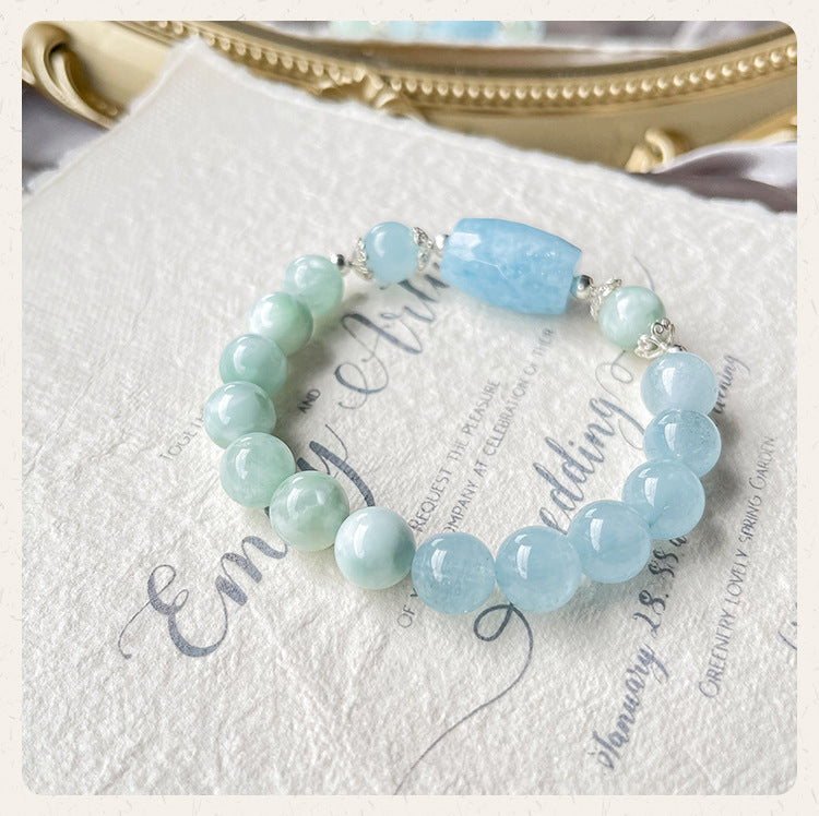 Natural Aquamarine & Green Angelite S925 Silver Design Bracelet -vsl1184