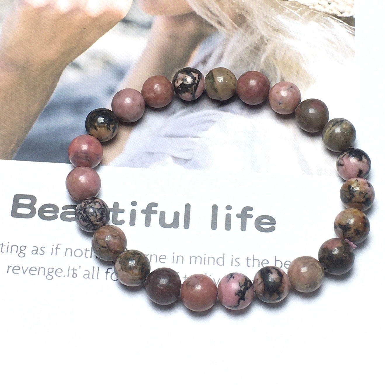 Natural Rhodonite Gemstone Beads Handmade Stretchy Bracelet