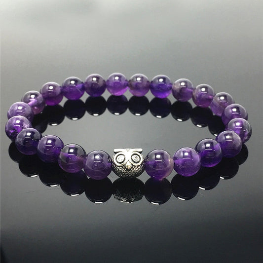 Natural Gemstone Purple Amethyst Handmade Beaded Bracelet Adjustable Bracelet Owl Design