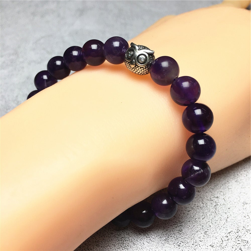 Natural Gemstone Purple Amethyst Handmade Beaded Bracelet Adjustable Bracelet Owl Design