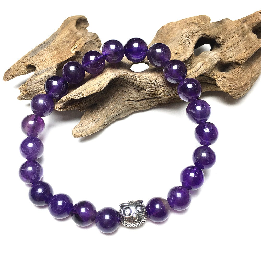 Natural Gemstone Purple Amethyst Handmade Beaded Bracelet Adjustable Bracelet Owl Design