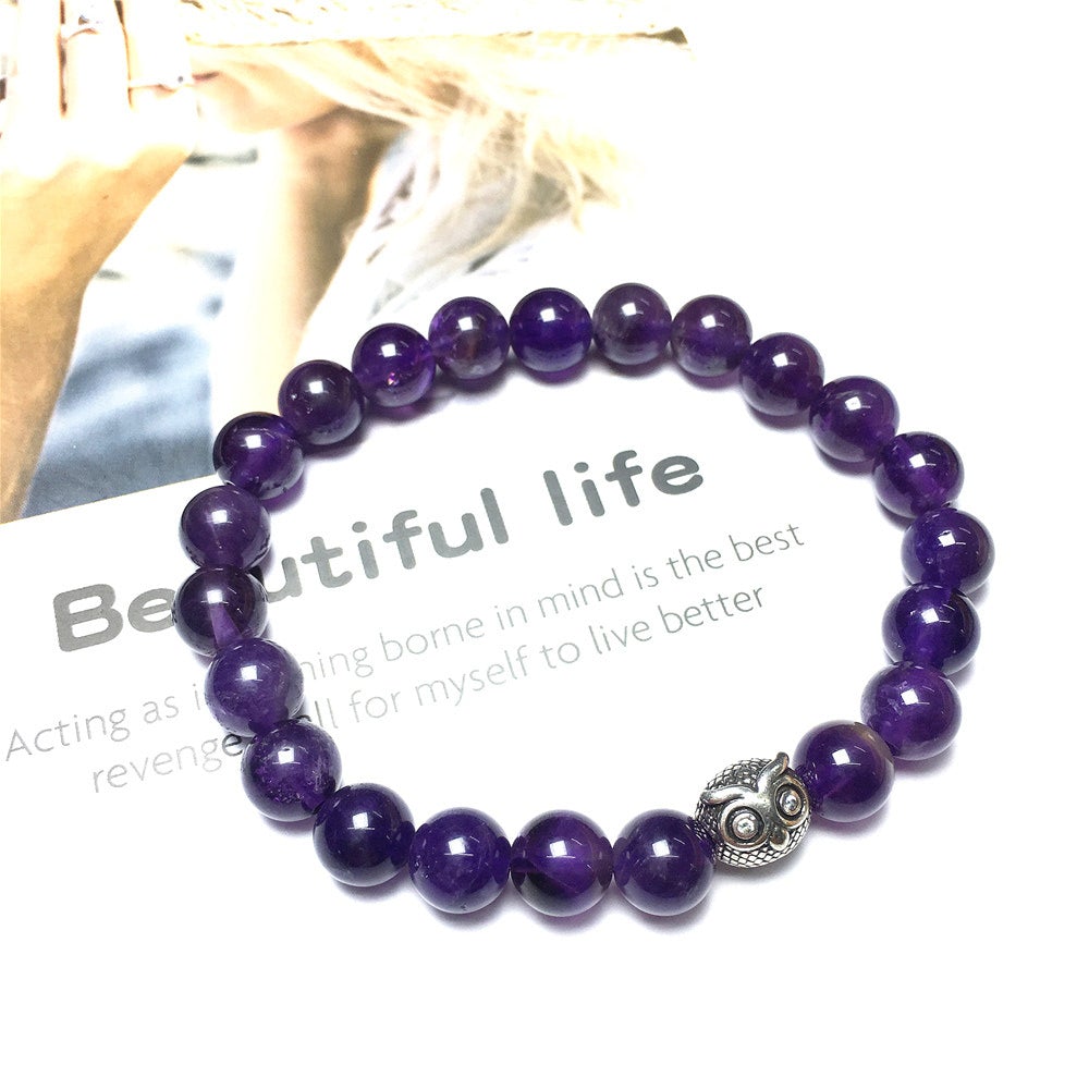 Natural Gemstone Purple Amethyst Handmade Beaded Bracelet Adjustable Bracelet Owl Design