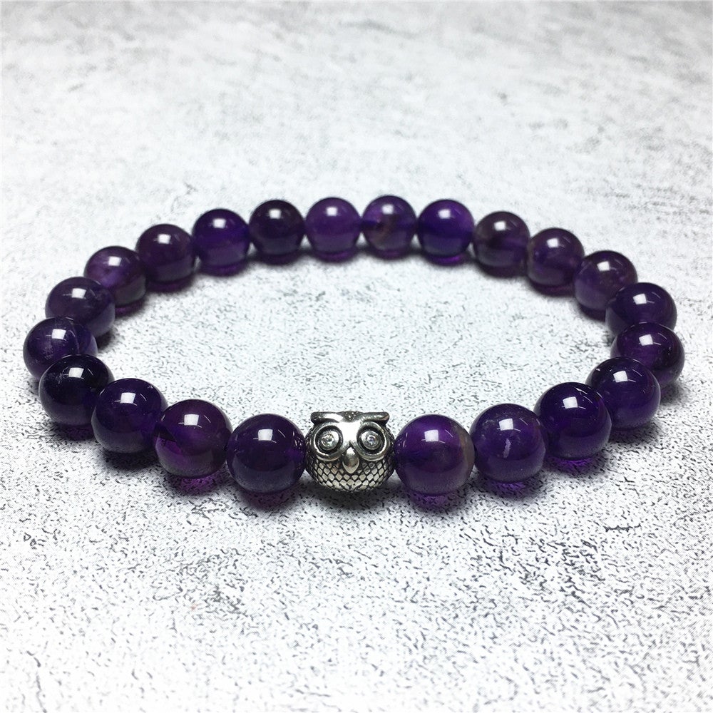 Natural Gemstone Purple Amethyst Handmade Beaded Bracelet Adjustable Bracelet Owl Design