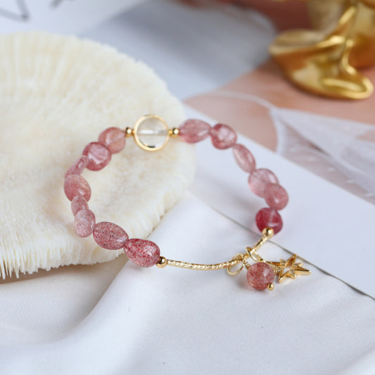 Natural Strawberry Quartz Chips & Clear Quartz Design Bracelets-vsl380