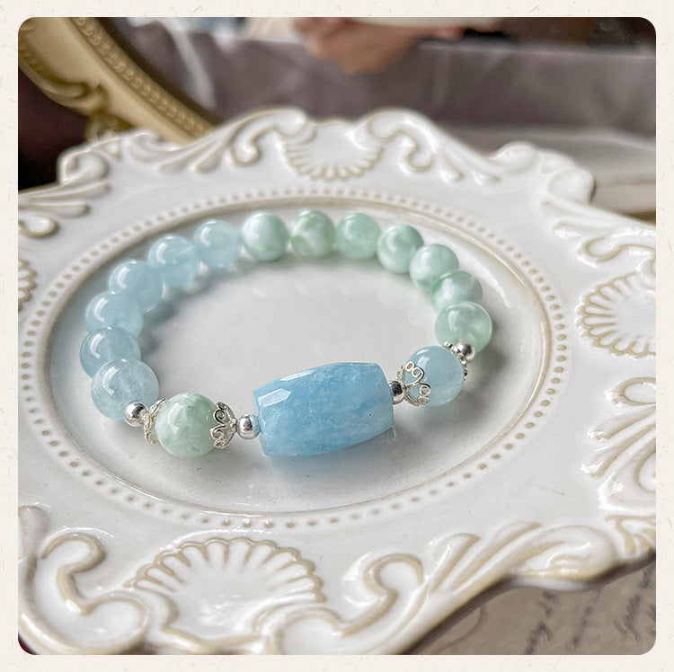 Natural Aquamarine & Green Angelite S925 Silver Design Bracelet -vsl1184