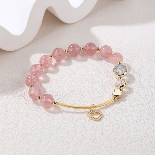 Natural Strawberry & Garden Quatrz with Dangle Heart Charm Design Bracelet -vsl506